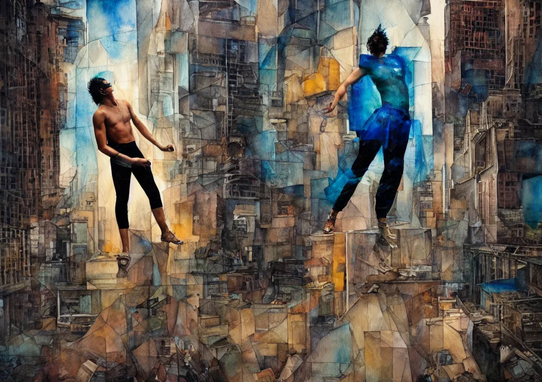 Prompt: portrait of a punk latino greek god searching through the streets of a watercolor glass and steel metropolis, very sparse detail, saturated color scheme, by olivier valsecchi, victor brauner and moebius