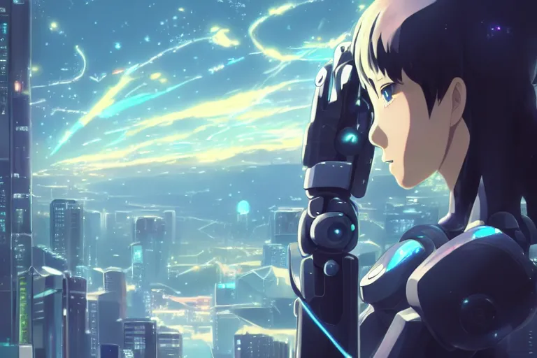 Prompt: makoto shinkai. robotic android girl. futuristic cyberpunk. dystopia. vibrant nebula sky. robotic wired arm