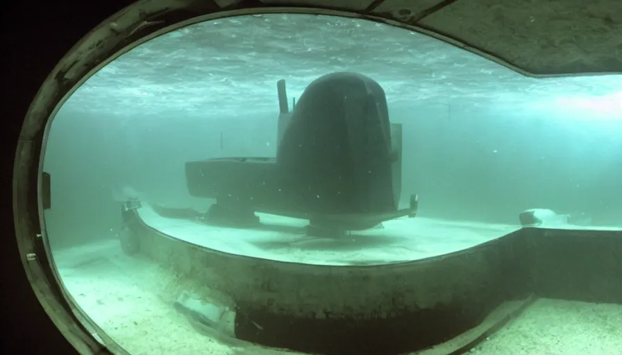 Prompt: Big budget horror movie, underwater exterior wide shot, a submarine approaches an underwater biolab