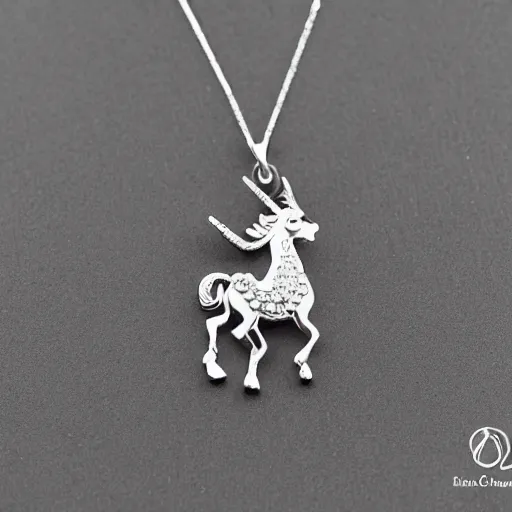 Prompt: a lovely silver cartoon unicorn necklace pendant, pandora style, tiffany style, swarovski style, van cleef & arpels style, cartier style, boucheron style, bulgari style, chaumet style, elegant, noble, stylish