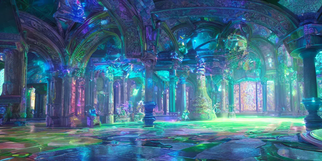 Prompt: enchanted crystal palace. unreal and octane and blender and unity render. post - processed color corrected. crisp. focused. sharp. vibrant. 8 k. uhd.