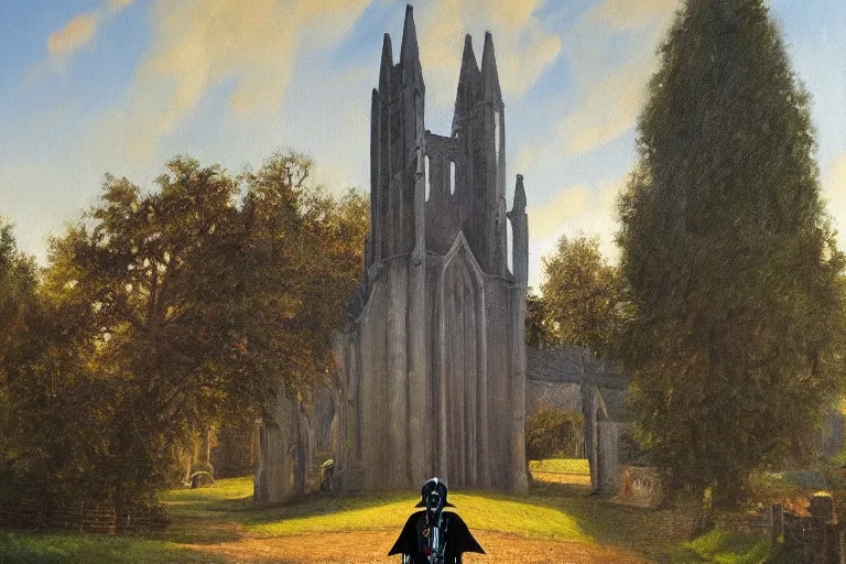 Prompt: a detailed oil painting of darth vader leaving a quaint medieval flint church, english, churchyard, trees, golden hour, lead - covered spire