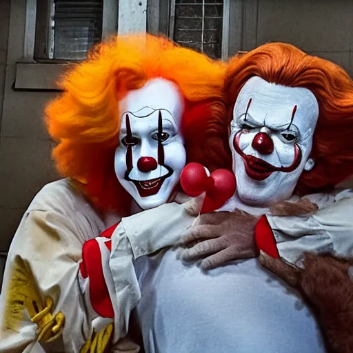 Image similar to Ronald McDonald hugging Pennywise