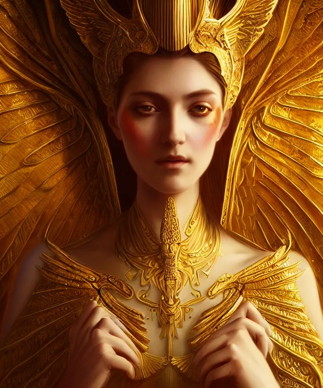 Prompt: a ultradetailed painting of a beautiful! empress, symmetrical features, golden ornate dress, angelic wings, magical realism, by greg rutkowski and karol bak, volumetric lighting, 4 k