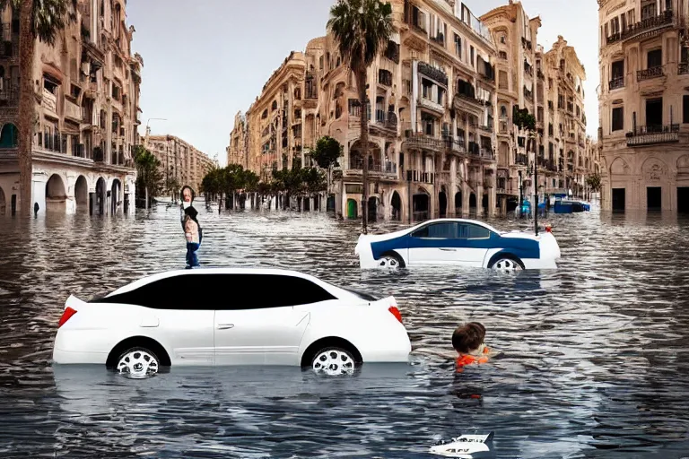 Prompt: touristic magazine ads of a family visiting a catastrophic barcelona, buildings covered with high water, floating cars, catchy graphic design, photo real