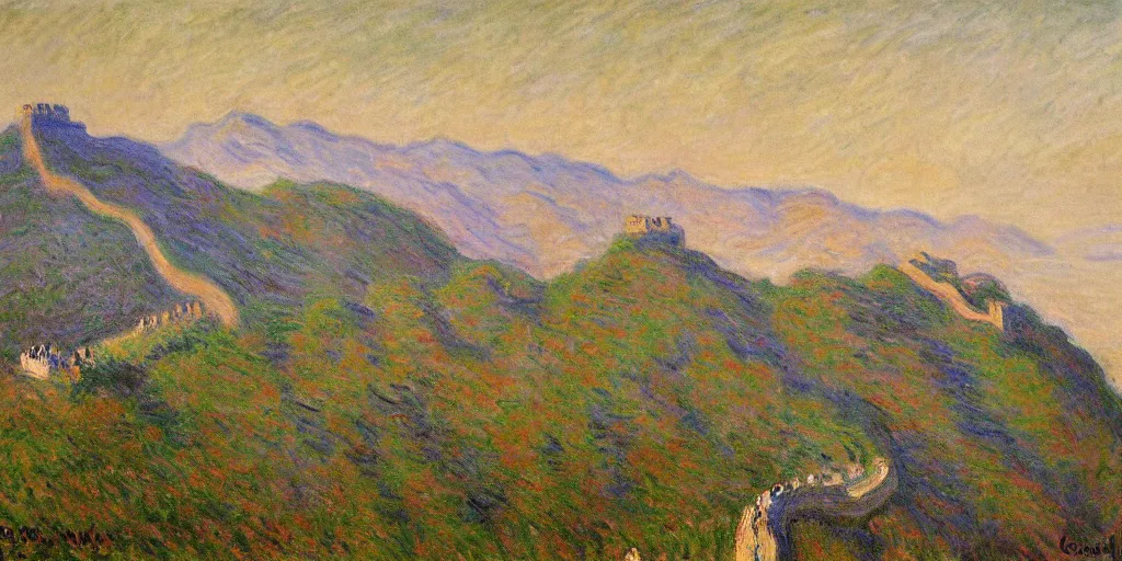 Image similar to an oil painting of the Great Wall by Oscar-Claude Monet