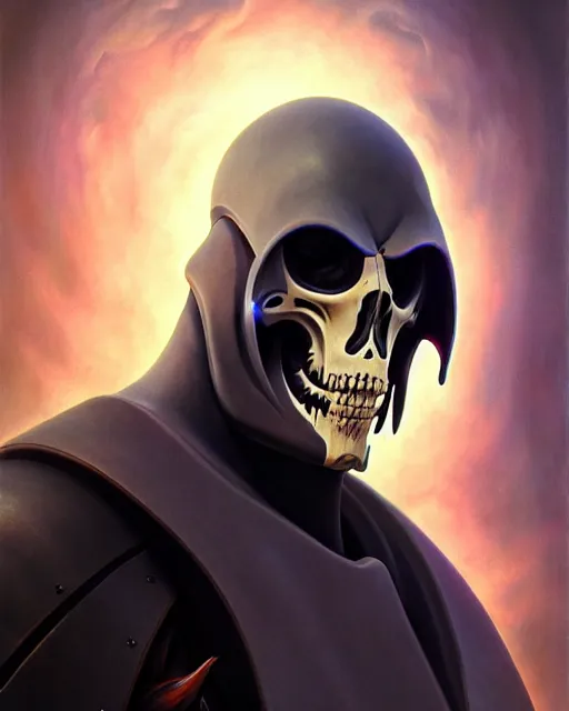 Image similar to reaper from overwatch, character portrait, portrait, close up, highly detailed, intricate detail, amazing detail, sharp focus, vintage fantasy art, vintage sci - fi art, radiant light, caustics, by boris vallejo