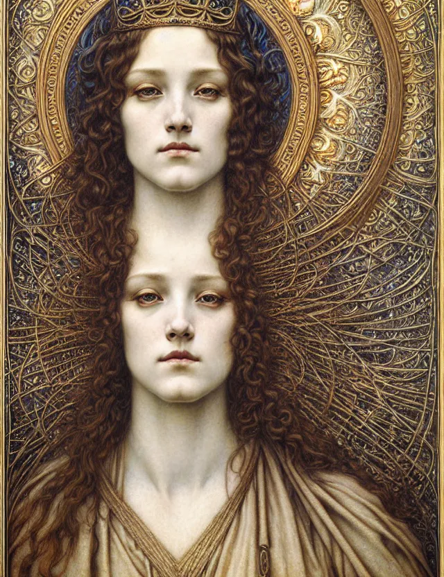 Image similar to detailed realistic beautiful young medieval queen face portrait by jean delville, gustave dore and marco mazzoni, art nouveau, symbolist, visionary, gothic, pre - raphaelite. horizontal symmetry