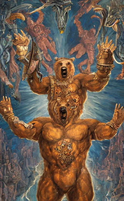Image similar to mural of a bear beast-man, sci fi weapon, royal ornaments, reaching towards the heavens, sci fi world, holy imagery, highly detailed, beautiful colors, renaissance mural, mural in the style of sandro boticceli, sandro boticceli