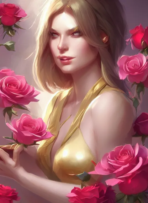 Image similar to female magician, wide angle view, roses, flowers, gold, diamonds, highly detailed, artgerm, cushart krenz, artstation, soft light, sharp focus, illustration, character design, concept art