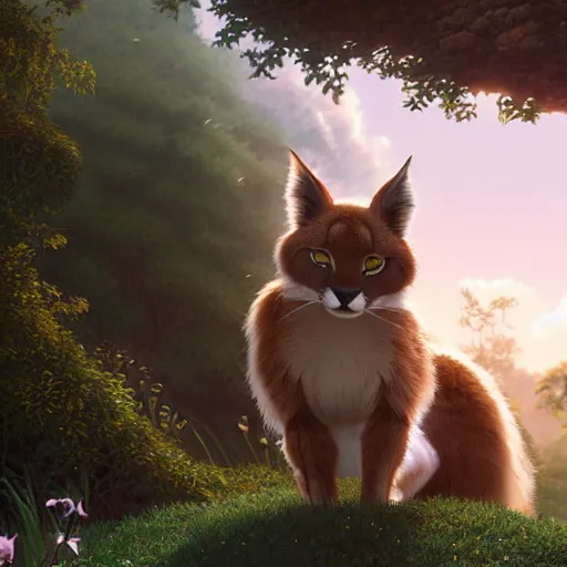 Prompt: a wholesome animation key shot of a cute fluffy caracal wearing white robe, studio ghibli, pixar and disney animation, sharp, rendered in unreal engine 5, anime key art by greg rutkowski, bloom, dramatic lighting