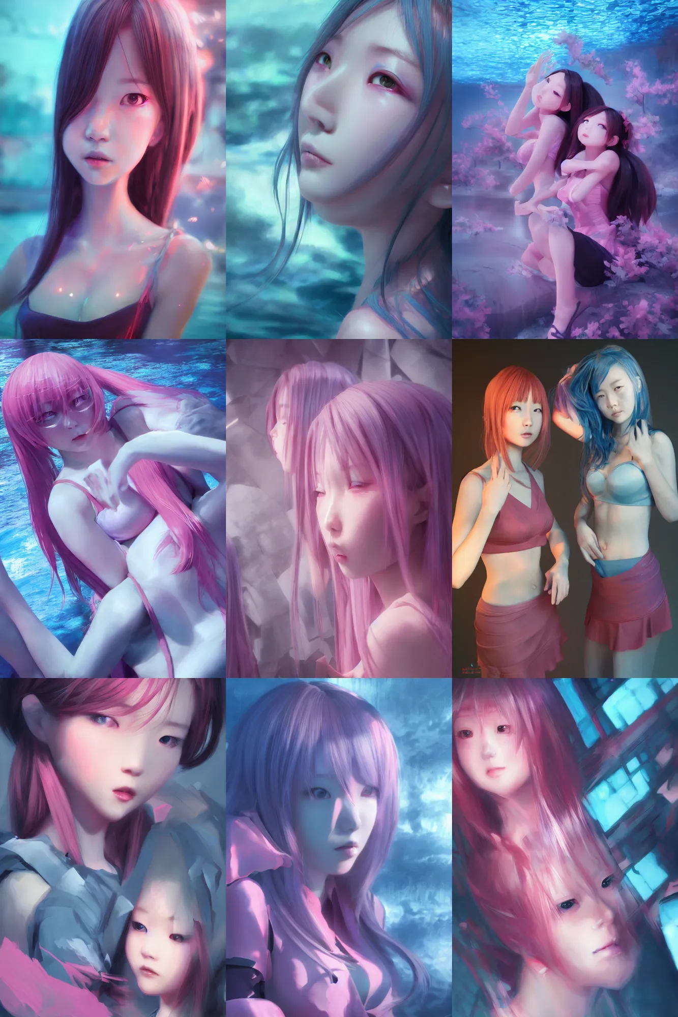 Image similar to 3d dark infrared octane render concept art by D. Jun, by Mo Xiang Tong Xiu, by Igarashi Daisuke by wlop, beauty portrait anime schoolgirls under dark pink and blue water. cute face. complex mirror deep room. dramatic light, trending on artstation.