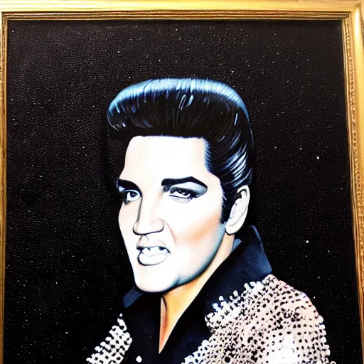 Prompt: black velvet painting of Elvis Presley in a white sequined jumpsuit