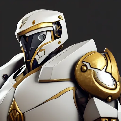 Image similar to A knight in ivory white mecha armor with gold trim, bust portrait, art by Eugenia firs ArtStation, Octane render, intricate detail, smooth, sharp focus,