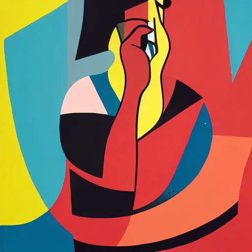 Prompt: A painting of person on the phone, abstract painting in the style of Sophie Taeuber-Arp and Gary Hume and Tatsuro Kiuchi, flat colour-block style, geometric abstraction, dark colours