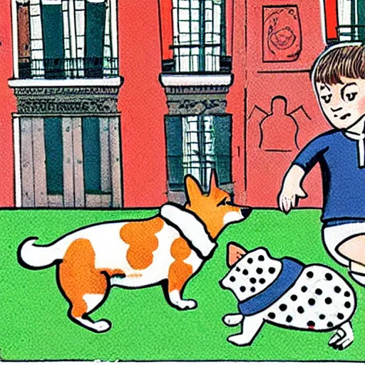 Image similar to book illustration of a french boy on the streets of paris playing football against a corgi, the dog is wearing a polka dot scarf, 1 9 6 6