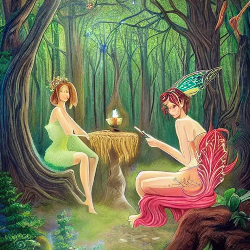 Prompt: a beautiful fantasy painting of a petite caucasian brunette smoking a j with a forest fairy in a enchanted forest