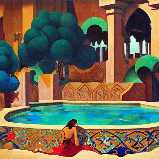 Prompt: a detailed oil painting of a harem pool with arabic patterns, by nicholas roerich, by frank frazetta!!!! by georgia o keeffe by frederick william elwell, by hans emmenegger, by eyvind earle highly detailed!!!, realistic, outline, line work, fantasy, oriental, stylised flat colors, animation