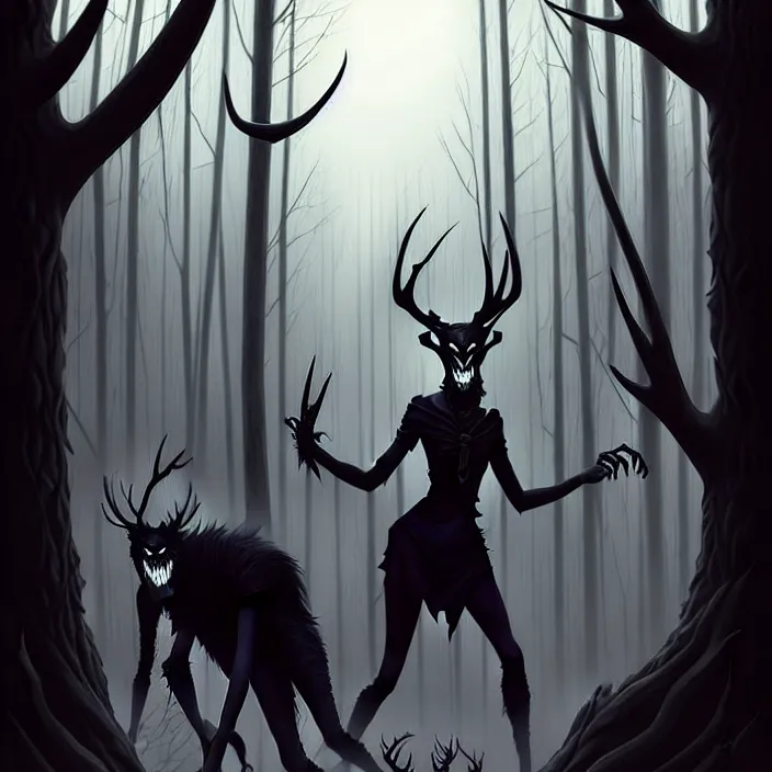 Image similar to style artgerm, joshua middleton, diego fazio, hubert robert : : scary wendigo with antlers and skull face mixed with werewolf : : [ beautiful witch wearing a black dress, symmetrical face, on the right side ] : : in the forest, detailed, dark and foggy, cinematic lighting