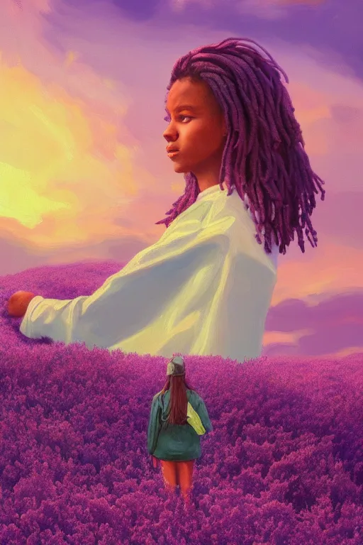 Image similar to portrait, giant lilac flower as head, black woman in heather field, surreal photography, golden hour, colorful clouds, impressionist painting, digital painting, artstation, simon stalenhag