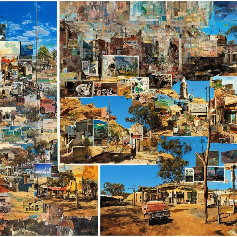 Image similar to collage of a small town in the outback, concept art, aesthetically pleasing natural colors, art by mimmo rotella, collage