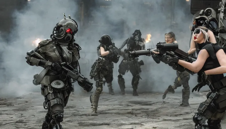 Prompt: big budget action movie set in a future warzone where beautiful female cyborgs in rubber suits and gas masks fight each other with miniguns 0