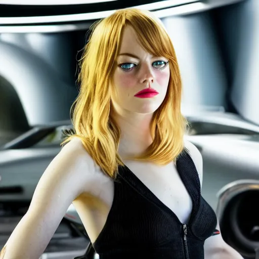 Image similar to first picture of emma stone as evil racer in new fast and the furious movie, ( eos 5 ds r, iso 1 0 0, f / 8, 1 / 1 2 5, 8 4 mm, postprocessed, crisp face, facial features )