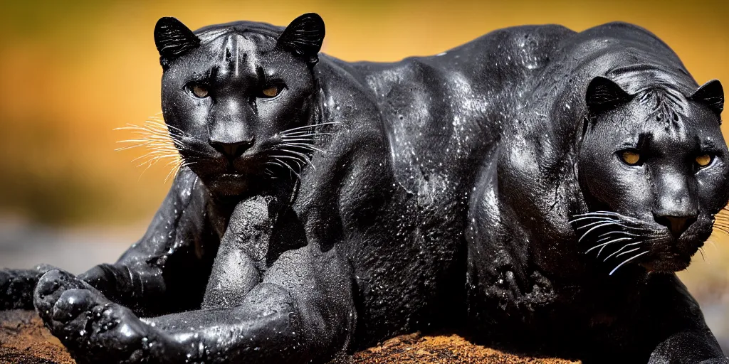 Image similar to a panther, made of ferrofluid, bathing inside the tar pit, full of tar, covered with ferrofluid. dslr, photography, realism, animal photography, color, savanna, wildlife photography