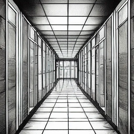 Image similar to “the inside of a huge white building with with many doors and stairs, confusing, creepy, doors, strange dimensions, anime style, detailed background, by Junji Ito”