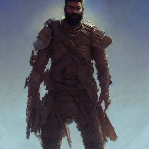 Prompt: portrait of handsome, haunted, brown - bearded far - future resistance fighter wearing armored shoulder and gauntlet and shemagh, concept art by greg rutkowski, beksinski, deak ferrand, anato finnstark, and rembrandt
