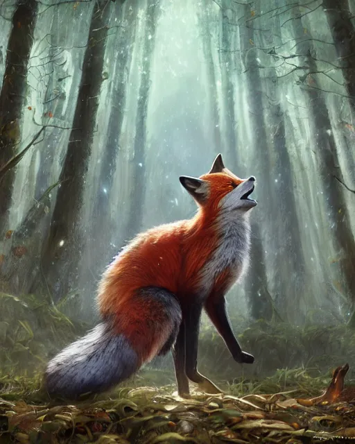 Prompt: Fox singing in forest, portrait, wearing hat, magical notes, fairy atmosphere, magic the gathering artwork, D&D, fantasy, cinematic lighting, centered, symmetrical, highly detailed, digital painting, artstation, concept art, smooth, sharp focus, illustration, volumetric lighting, epic Composition, 8k, art by Akihiko Yoshida and Greg Rutkowski and Craig Mullins, oil painting, cgsociety