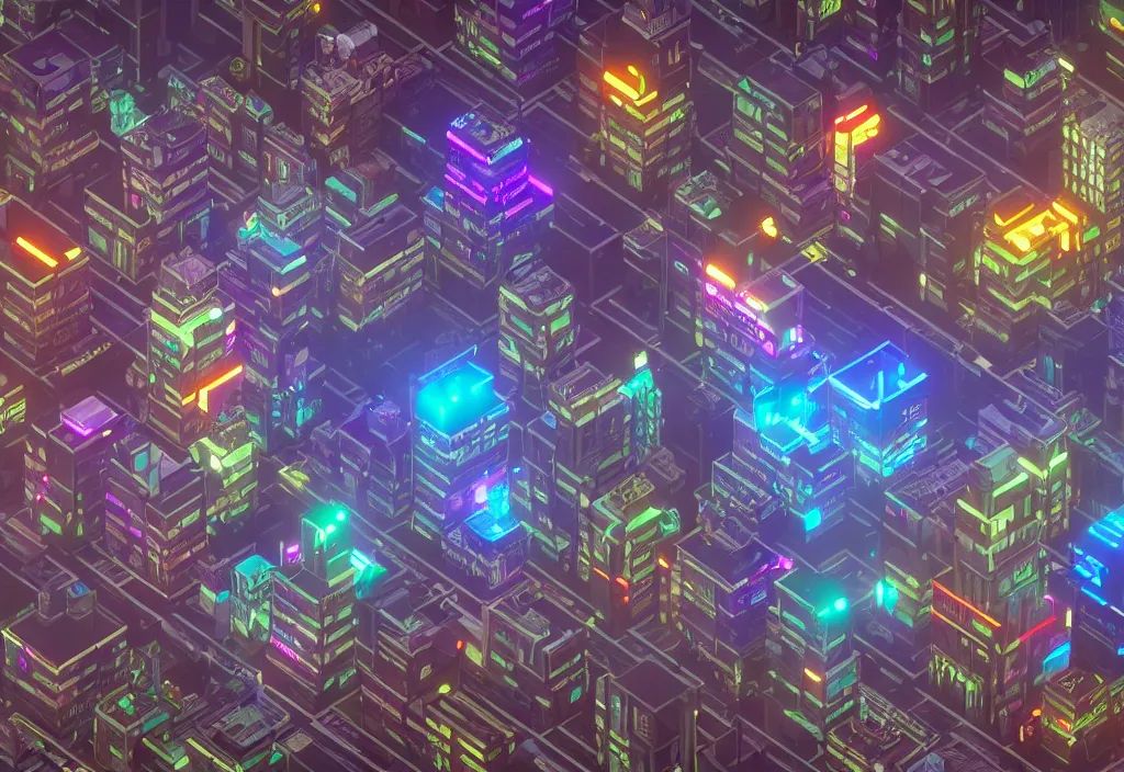 Image similar to isometric voxel cyberpunk city, cinematic lighting, 4k