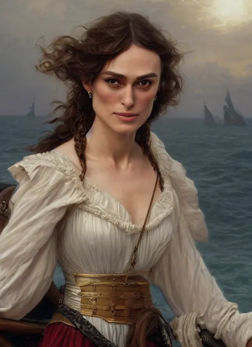 Prompt: portrait Keira Knightley as sea pirate on a ship, full length shot, shining, 8k highly detailed, sharp focus, illustration, art by artgerm, mucha, bouguereau