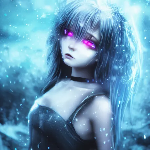 Image similar to photorealistic full body shot of masterpiece angry darkness anime girl, beautifull lovely eyes, electric aura with particles, snowing frozen ice, darkness background, inspired by tim burton, detailed, unreal engine 4 k, volumetric light, fog