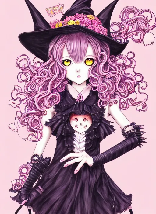 Prompt: dark fantastic manga character design of beautiful cat girl witch with a robot, pink curls hair, rococo dress, symmetrical face, cute, fairy, by mai yoneyama, takeshi obata, katsuhiro otomo, detailed background, illustration, artstation, concept art, highly detailed, colorful, maximalist