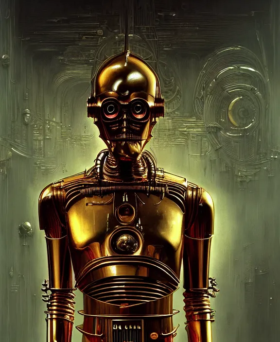 Prompt: demonic c - 3 po, by hr giger and beksinski and stephan martiniere, trending on artstation, 4 k resolution, detailed, high quality, hq artwork