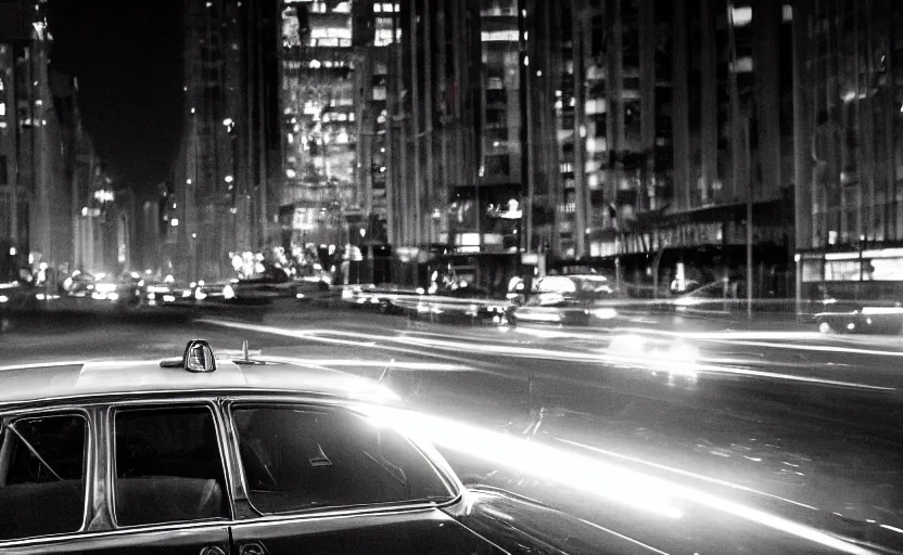 Image similar to ! dream a 3 5 mm night shot of an avenue taxi driver inspired lighting reflections in the windows nostalgic feeling