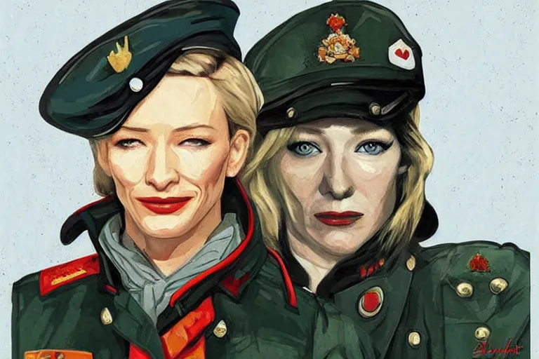 Prompt: cate blanchett as a sad female soviet soldier, art by Sandra Chevrier