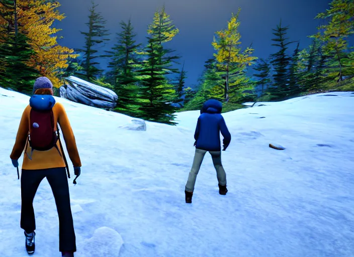 Prompt: friends hiking franconia ridge new hampshire in autumn, life is strange ps 3 gameplay ( 2 0 1 5 ), unreal engine