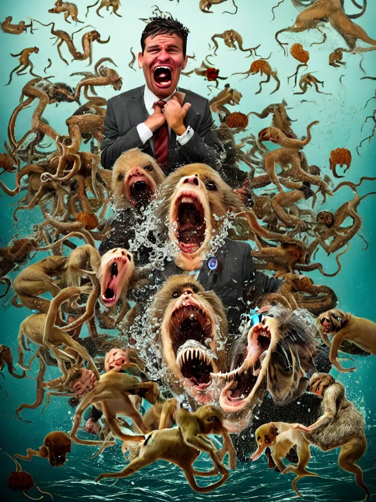 Image similar to a formal portrait photograph of a screaming man in the squally ocean swarmed by squids, dogs, baboons, and squirrels, the man's mouth is stuffed with bones and the water foams all over the gaff