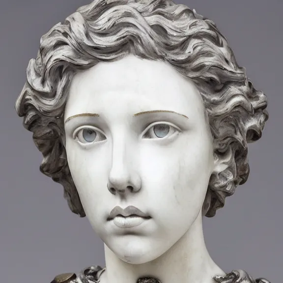 Image similar to a white art nouveau marble and silver sculptural bust of a worried young scarlett johansson as joan of arc, wearing plate armor, delicate, intricate, smooth, beautiful, by charles van der stappen