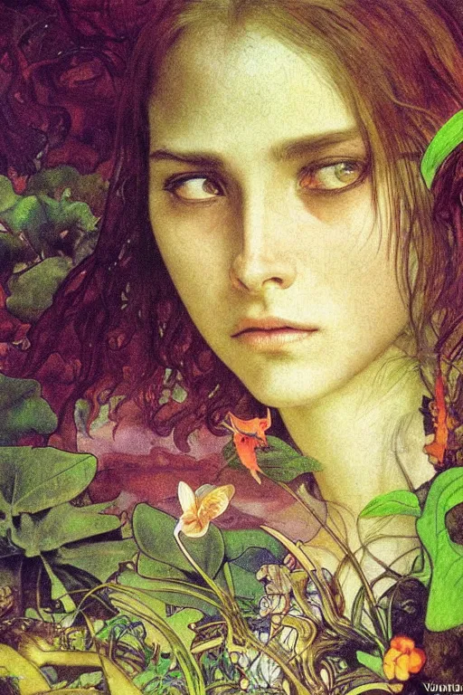 Prompt: realistic detailed portrait of bohemian girl in jungle by denis villeneuve, amano, yves tanguy, alphonse mucha, ernst haeckel, max ernst, roger dean, ridley scott, dynamic closeup