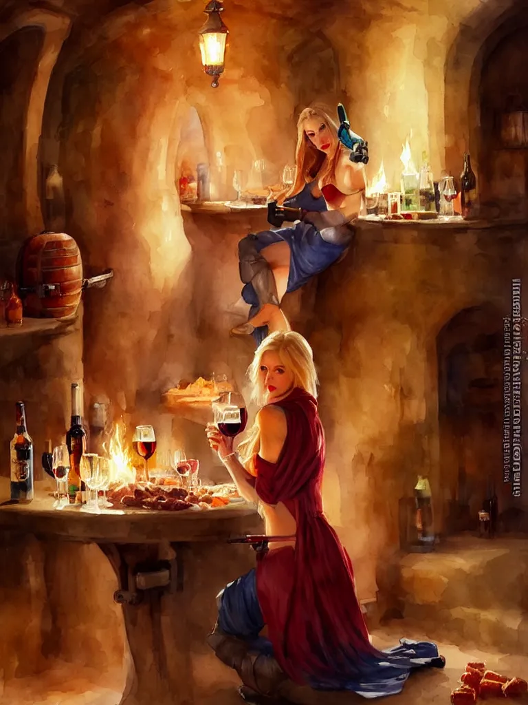 Image similar to blonde hot woman in wine cellar, boba fett, drinking beer, eating meat, cozy, inviting, atmospheric, torches on the wall, watercolor by vladimir volegov