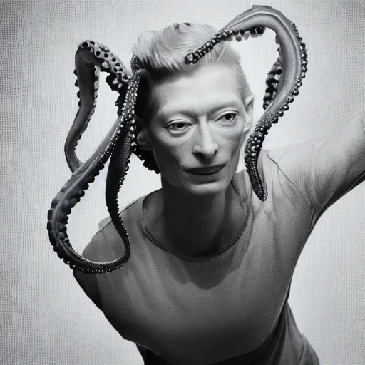 Image similar to closeup studio photograph of tilda swinton as an octopus, dramatic lighting, edited in photoshop