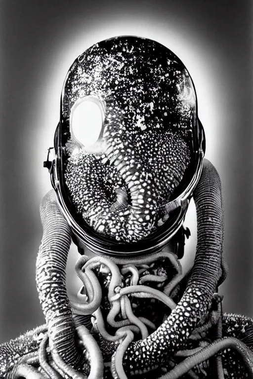 Image similar to extremely detailed studio portrait of space astronaut, alien tentacle protruding from eyes and mouth, slimy tentacle breaking through helmet visor, shattered visor, full body, soft light, disturbing, shocking realization, award winning photo by herb ritts