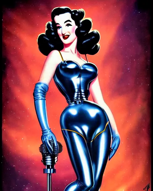 Image similar to closeup beautiful retro space dita von teese posing with a chrome robot in dieselpunk city at night, pinup, windblown dark hair, seductive, hyper detailed, digital art, smooth, sharp focus, luis royo, gil elvgren, alberto vargas, 1 9 5 0, when mars attacks