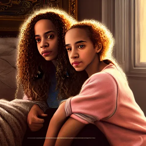 Image similar to intricate beautiful hyperreal portrait of a hermione granger and hermione granger, smiling softly, casual clothes, relaxing on the couch, home interior, golden hour, close up shot, 8 k, art by irakli nadar, hyperrealism, hyperdetailed, ultra realistic