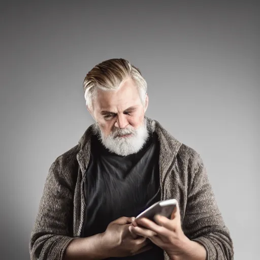 Prompt: Beautiful portrait photo Photograph of Odin using a smartphone, studio lights, stock photo