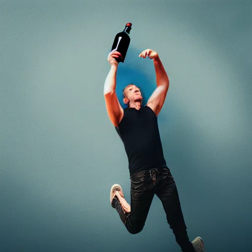 Prompt: man jumping while holding a bottle by album cover, UHD, 4K, 8K