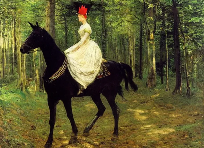 Prompt: a princess with a tall cone hat riding a robotic horse in a forest, oil painting by john everett millais